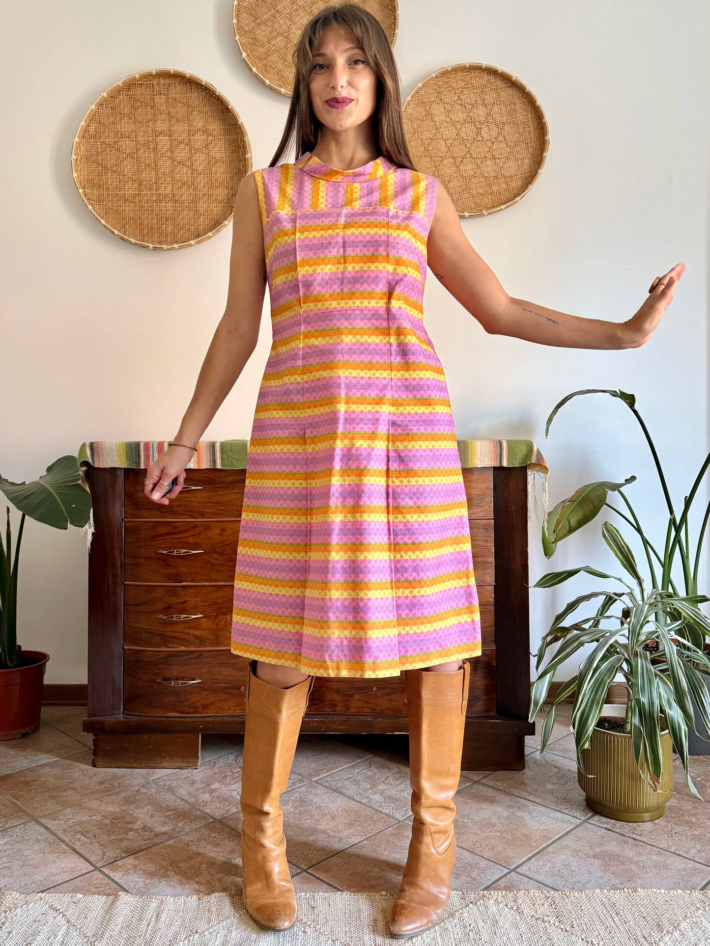 1960’s vintage pink and yellow striped geometric hand block printed midi dress