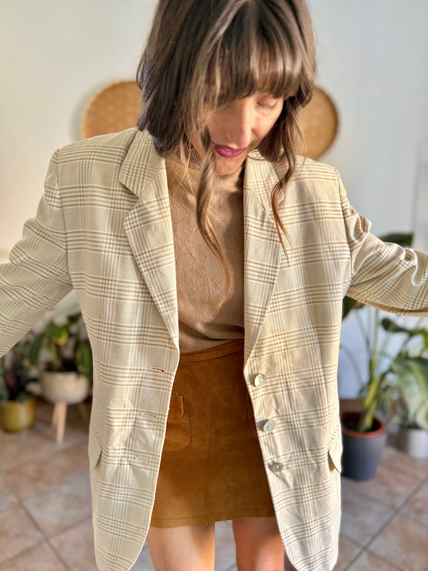 1970’s vintage wool cream, grey and tan plaid wool blazer with oversize mother of pearl buttons