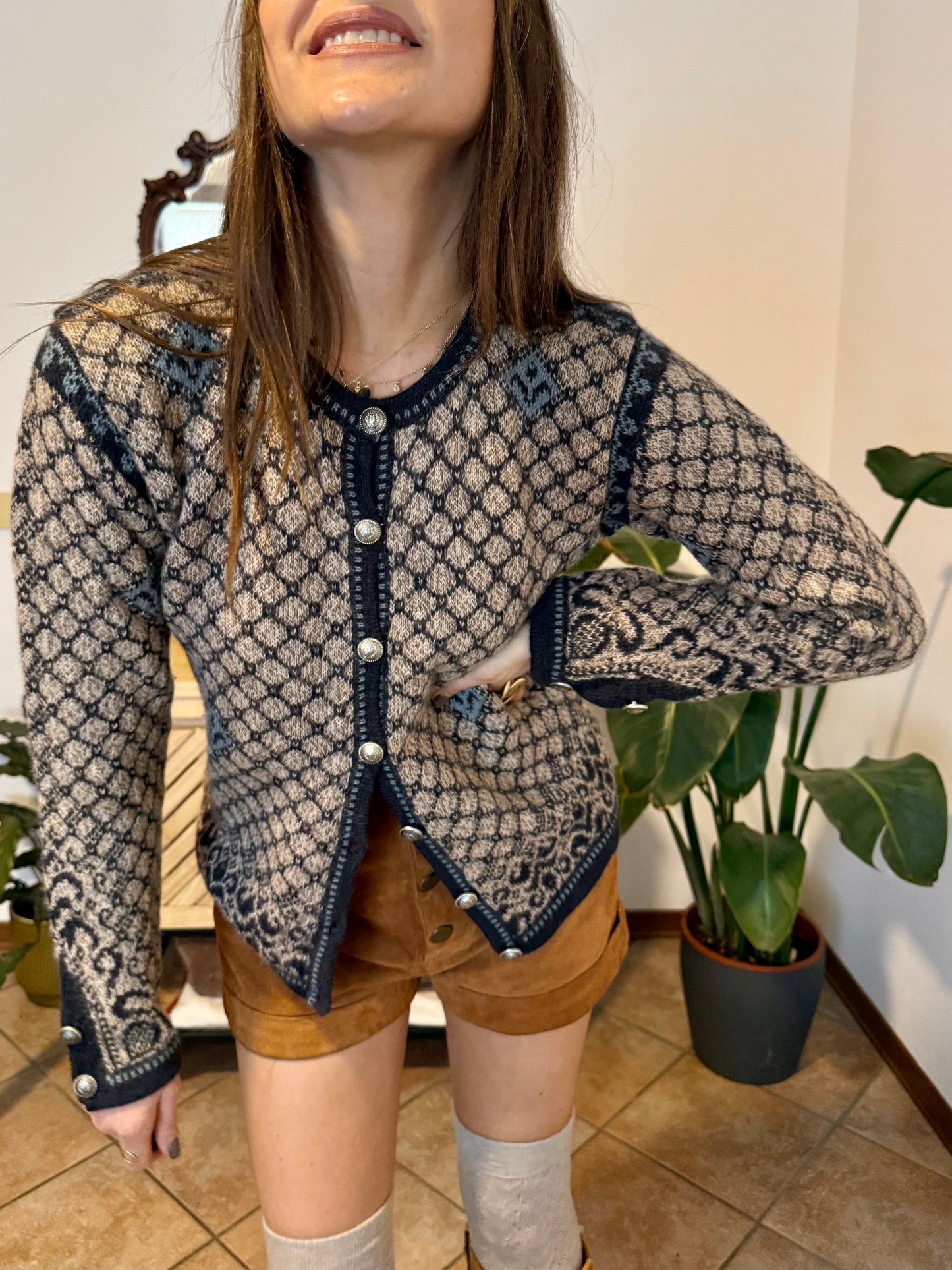 1990's vintage grey and beige alpaca knit cardigan with turquoise geometric pattern