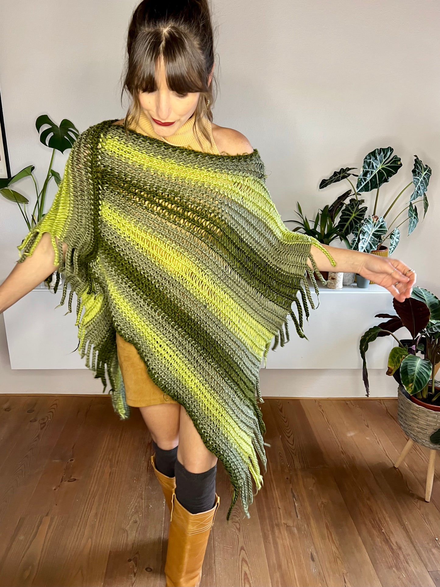 1970's vintage wool multitonal green stripe knit poncho with fringe details