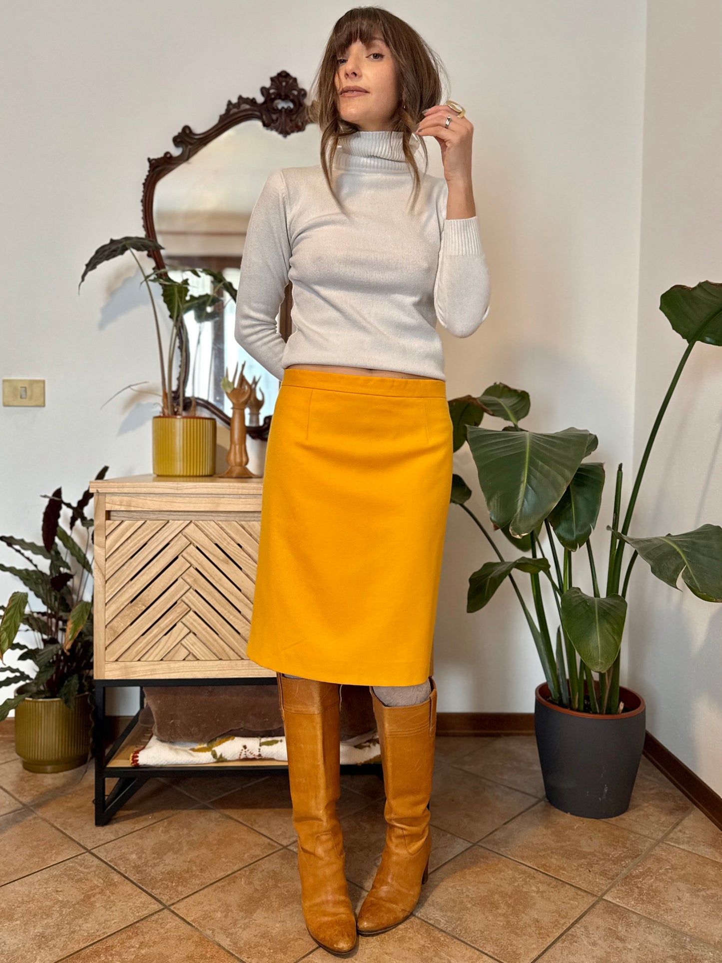 1970's vintage mustard yellow wool midi skirt