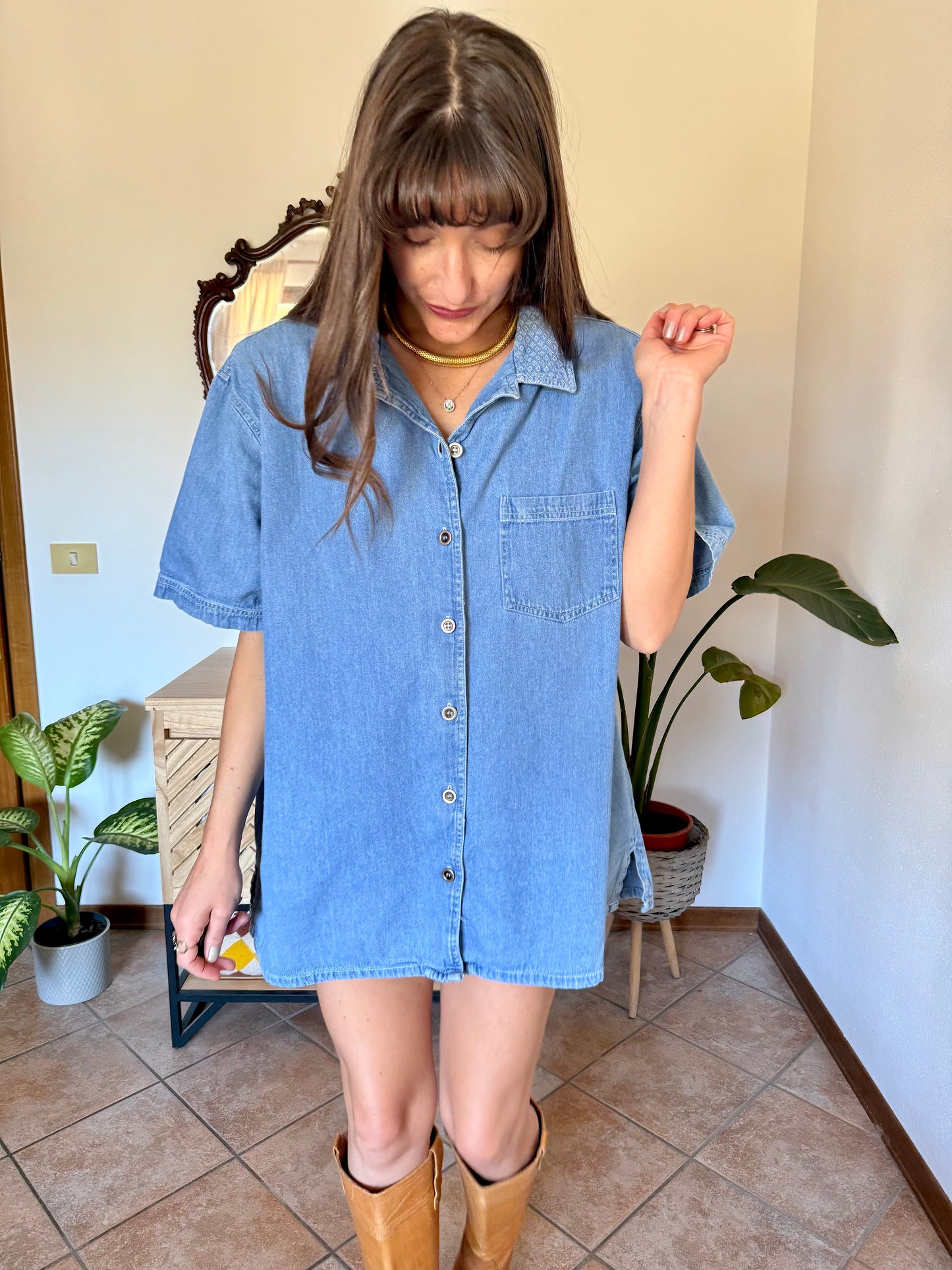 1990’s vintage light was denim shirt with geometric woven collar detailing