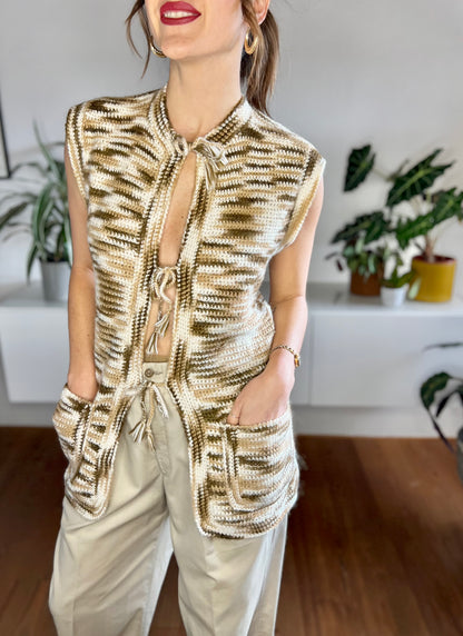 1970's vintage hand knit brown and cream tie front knit vest