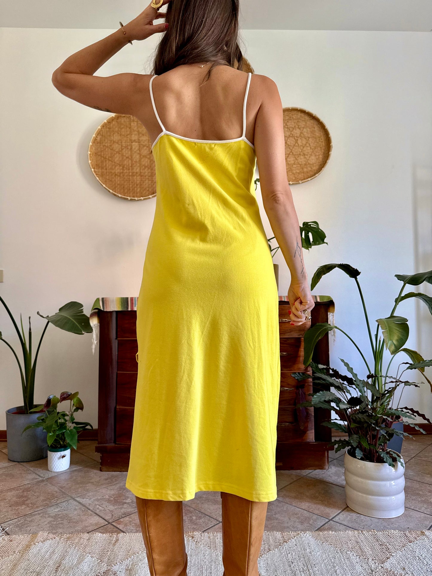 1990’s vintage canary yellow woven cotton midi dress with white stripe detailing