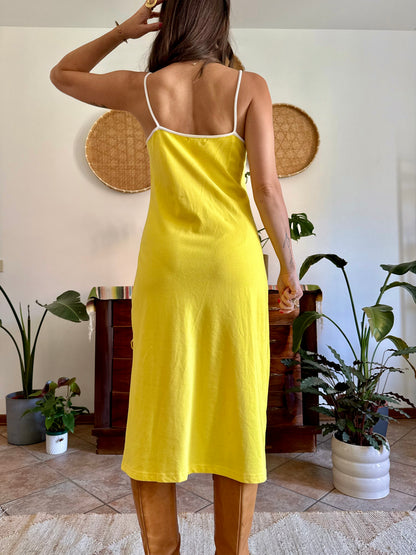 1990’s vintage canary yellow woven cotton midi dress with white stripe detailing