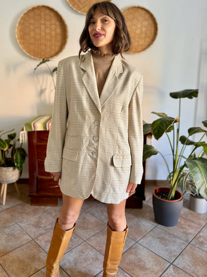 1970’s vintage wool cream, grey and tan plaid wool blazer with oversize mother of pearl buttons