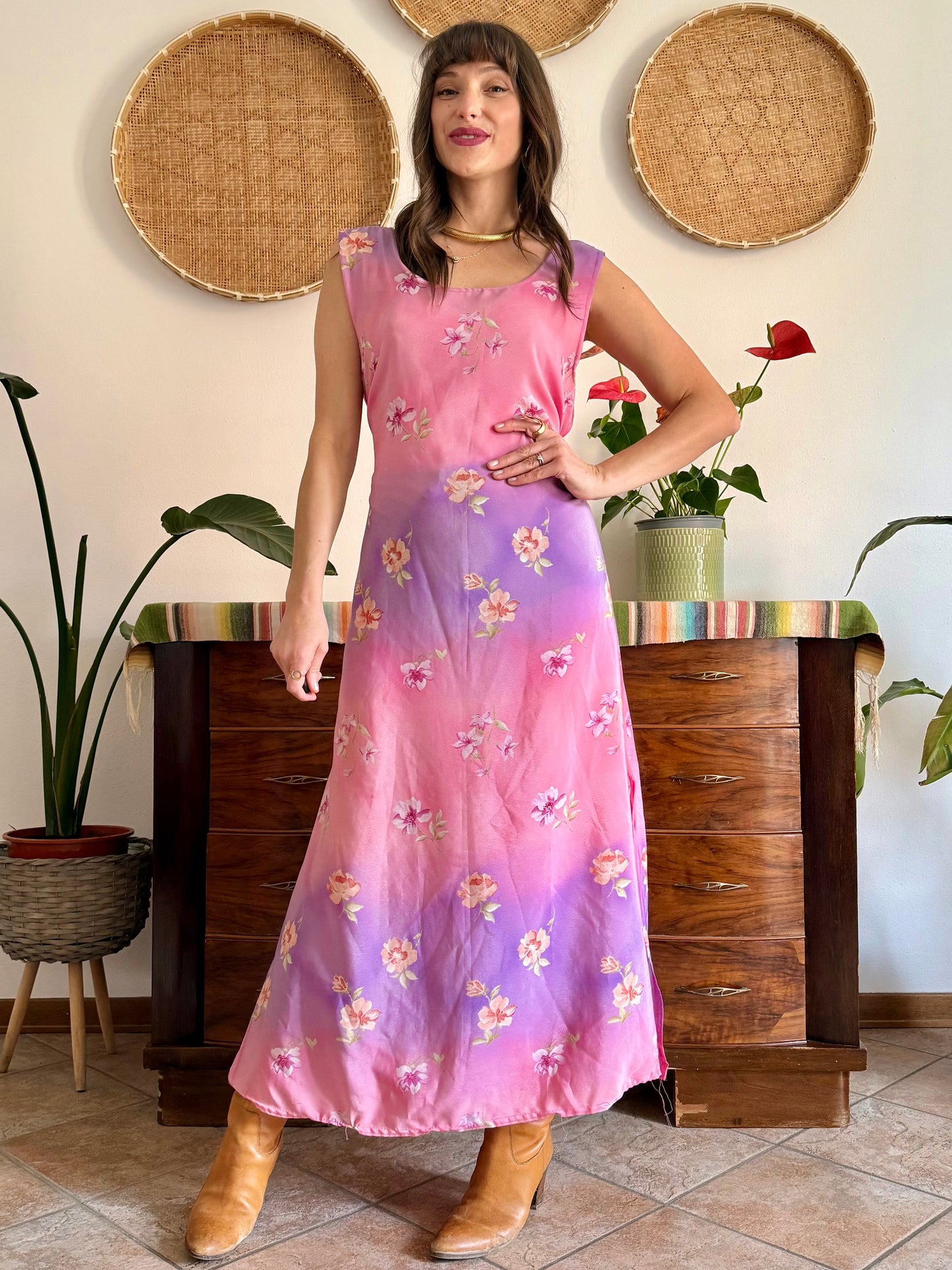 Y2K vintage lilac and pink semi sheer floral maxi dress