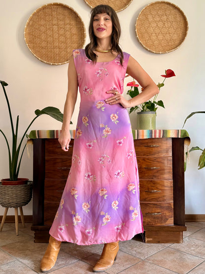 Y2K vintage lilac and pink semi sheer floral maxi dress