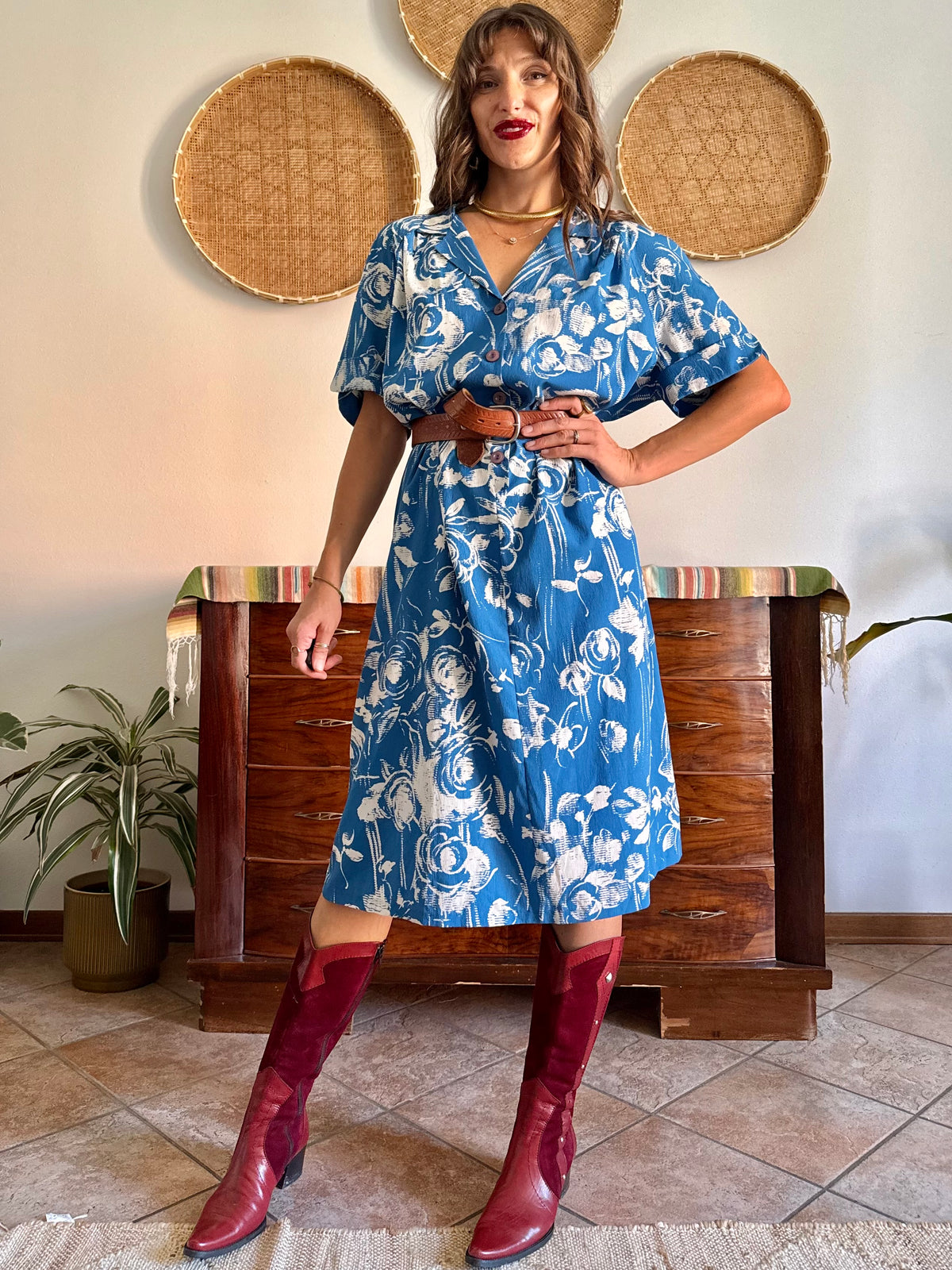1960's vintage blue and cream floral silk midi dress