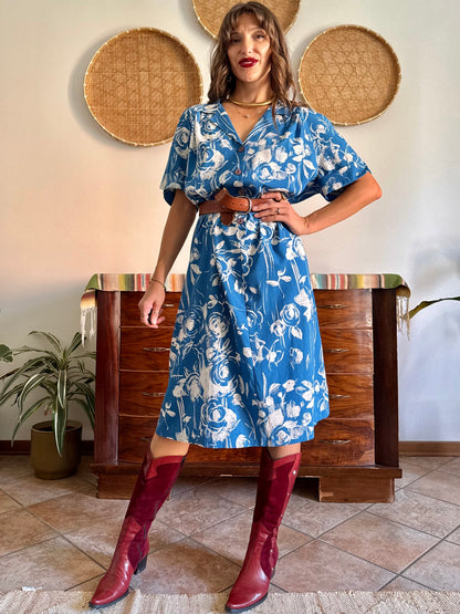 1960's vintage blue and cream floral silk midi dress