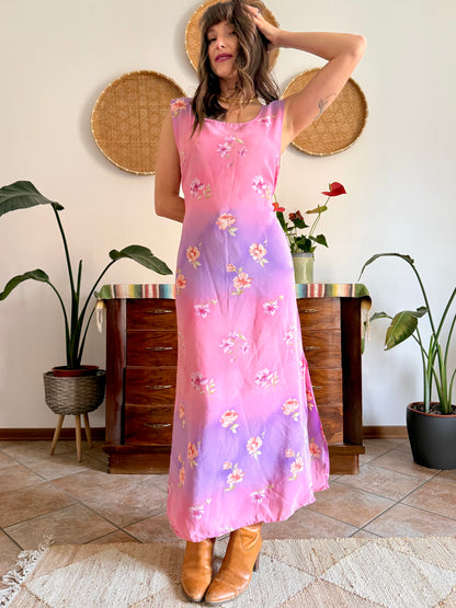 Y2K vintage lilac and pink semi sheer floral maxi dress
