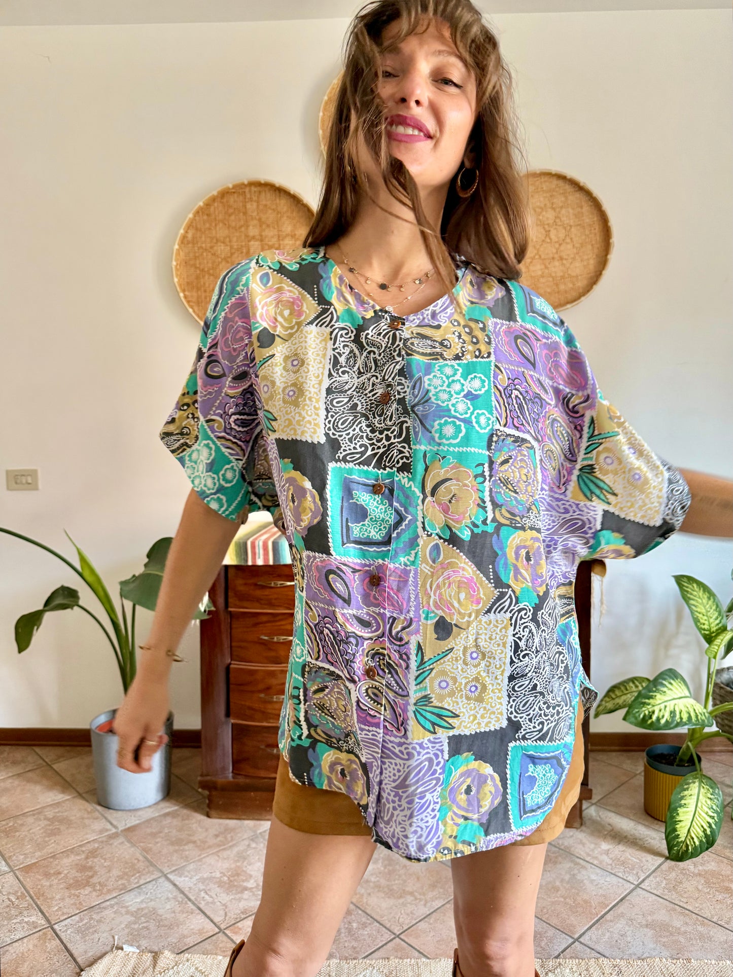1990’s vintage lilac, turquoise and tan patchwork floral print blouse