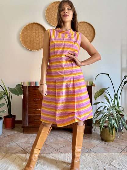 1960’s vintage pink and yellow striped geometric hand block printed midi dress