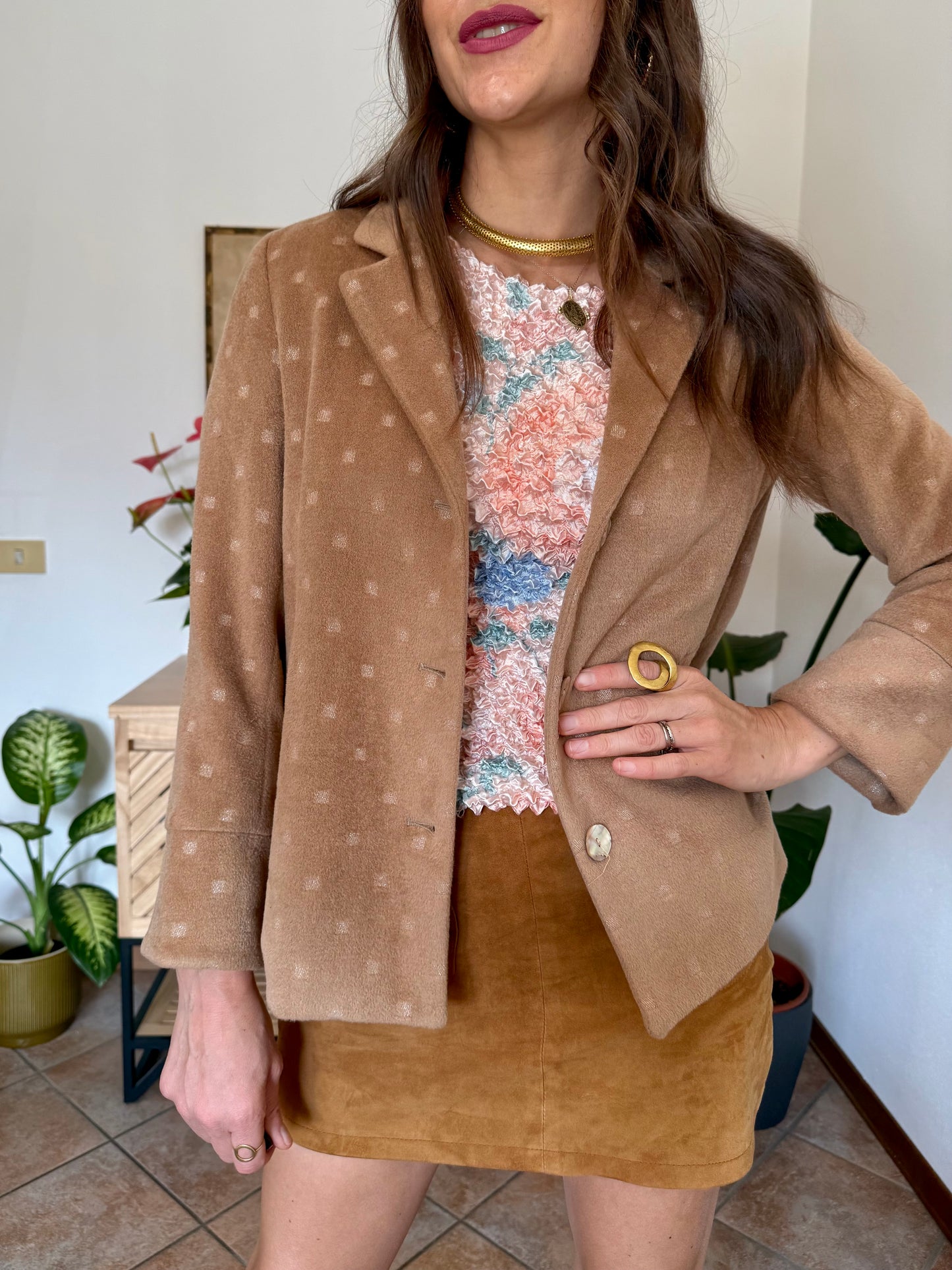 1990’s vintage tan cashmere jacket with metallic square woven pattern