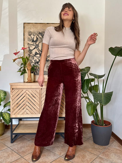 Burgundy crushed velvet wide leg trousers