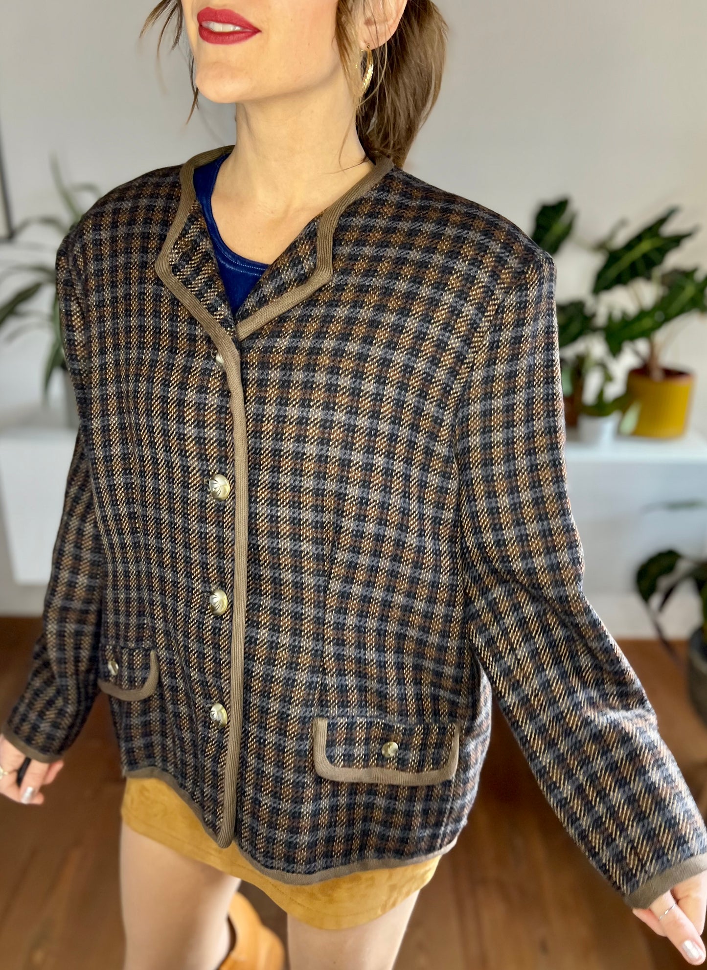 1970's vintage brown and blue oversize plaid wool blazer