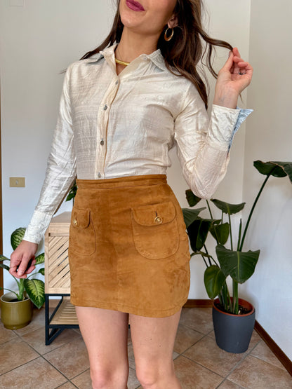 1990’s vintage cream raw silk textured blouse with mother of pearl buttons