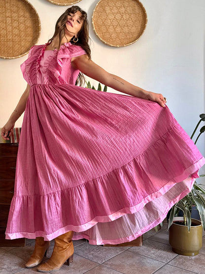 1970’s vintage metallic textured pink maxi prairie dress with satin ruffle details