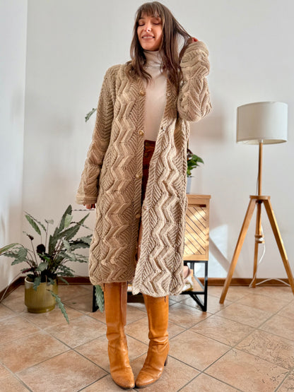 1970's vintage beige and cream chevron knit wool button down midi dress