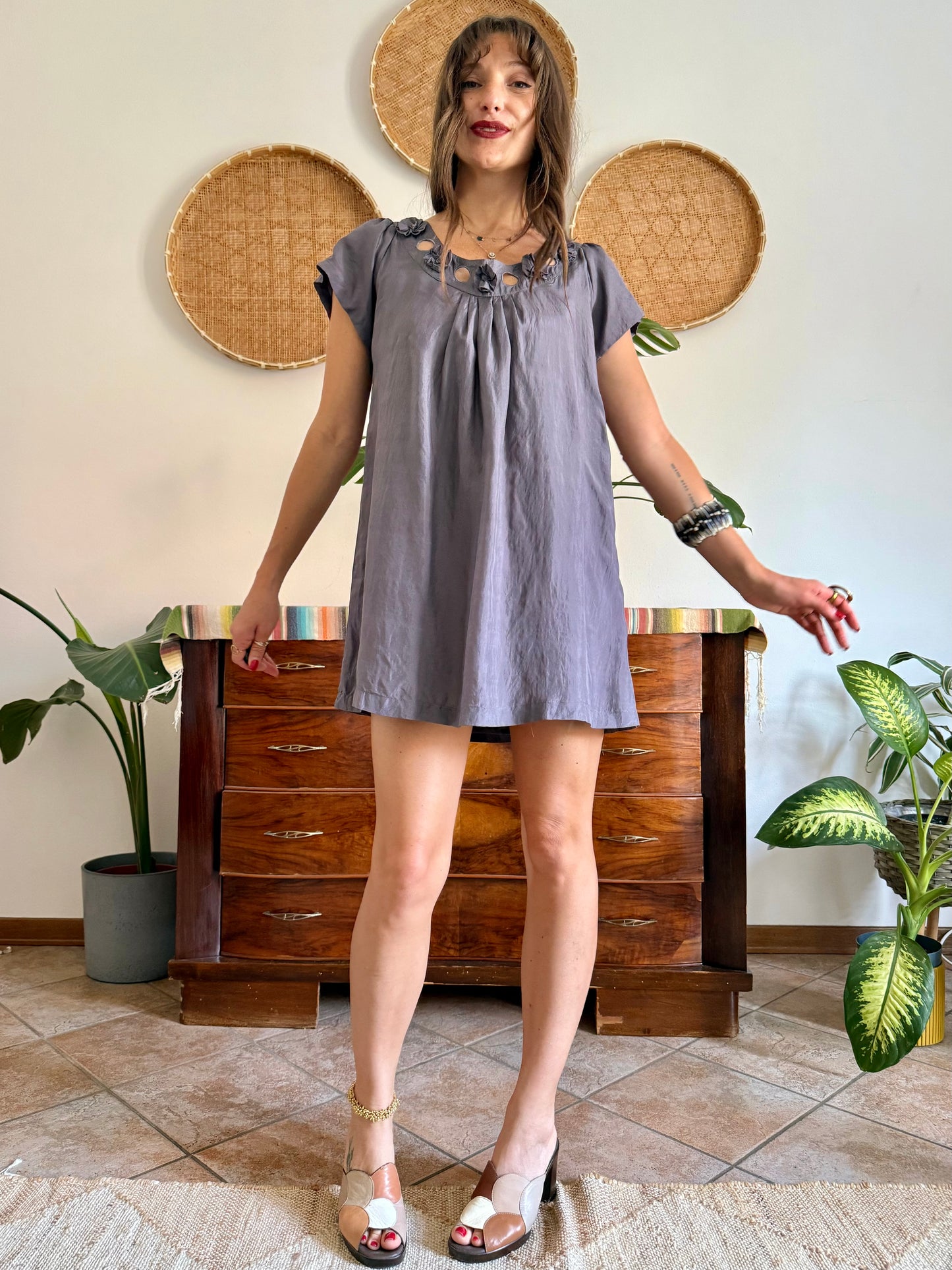 1990’s grey silk baby doll mini dress with appliqué floral detail along neckline