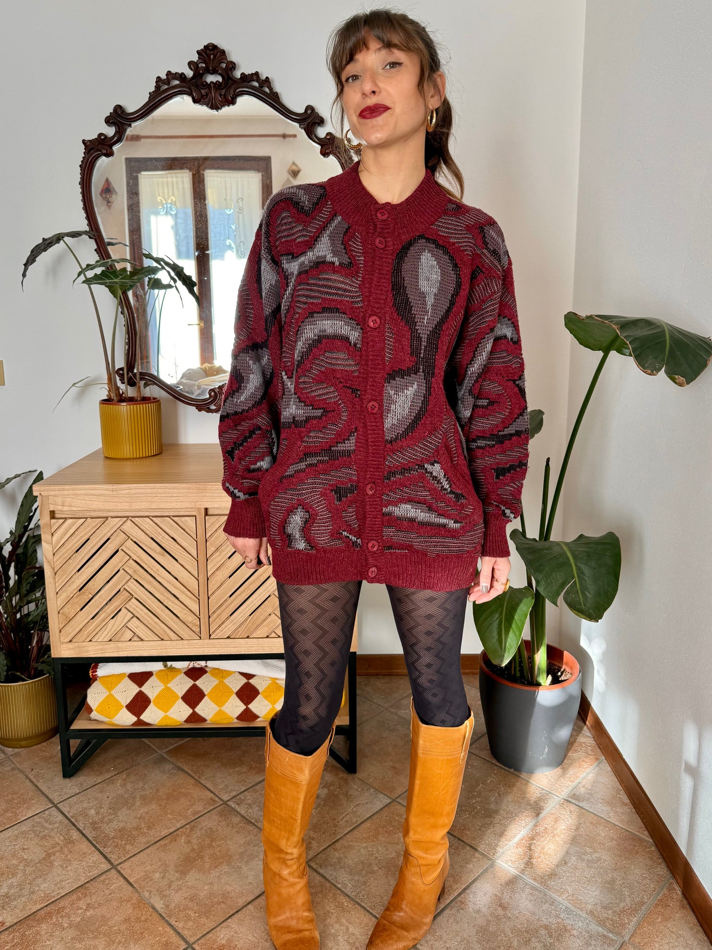 1970’s vintage burgundy, grey and black knit dress