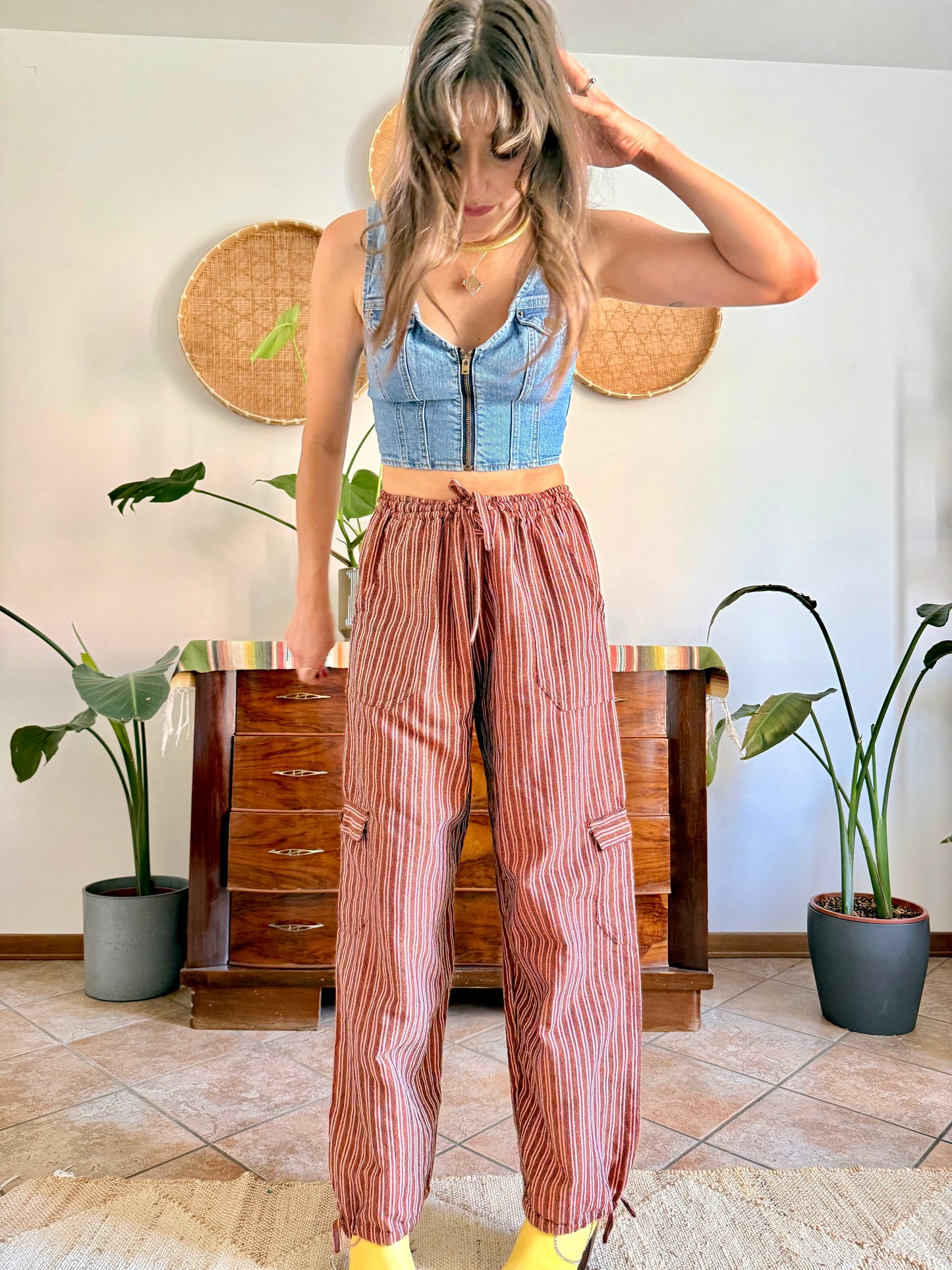 1990’s vintage chocolate brown and pink stripe woven wide leg trousers