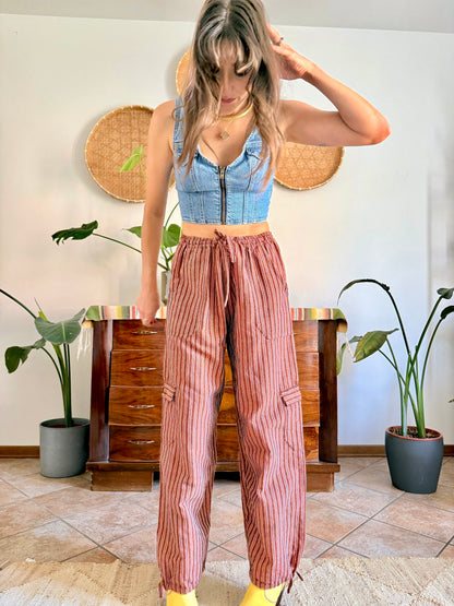 1990’s vintage chocolate brown and pink stripe woven wide leg trousers
