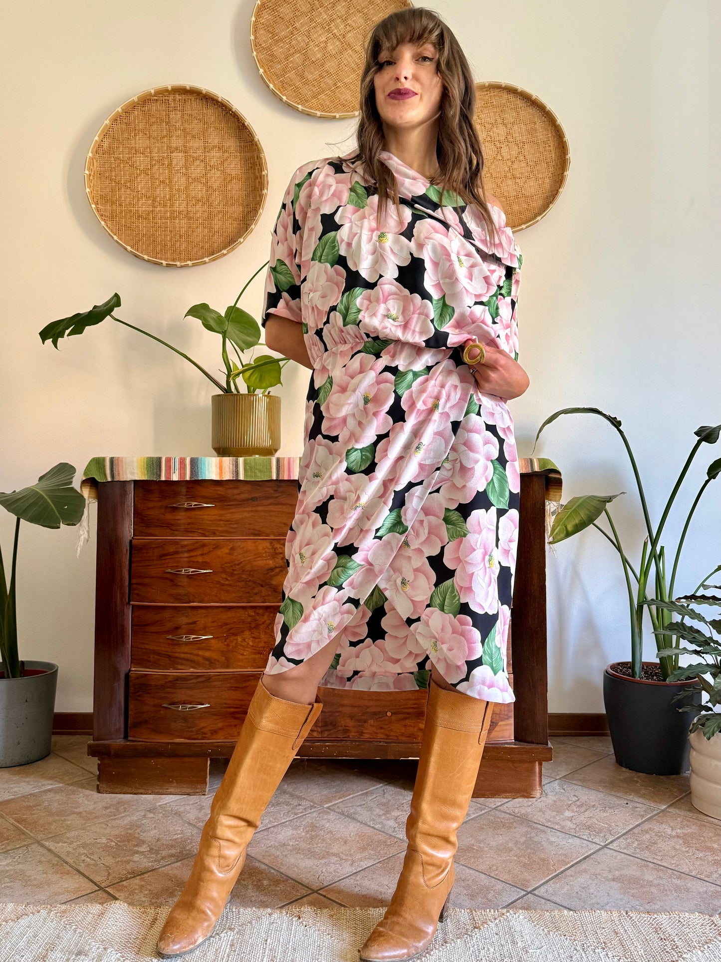 1960’s vintage pink, green and black silk floral print dress