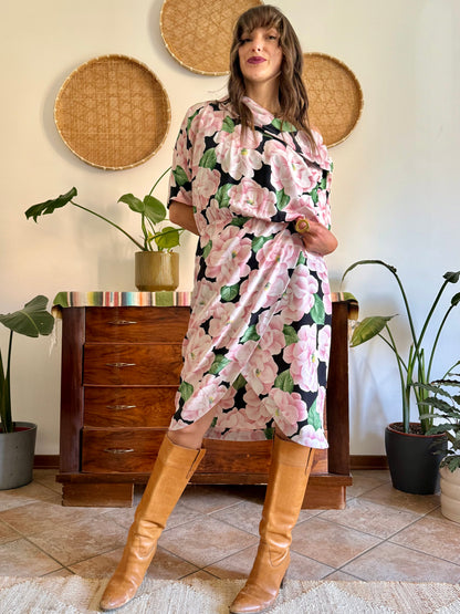 1960’s vintage pink, green and black silk floral print dress
