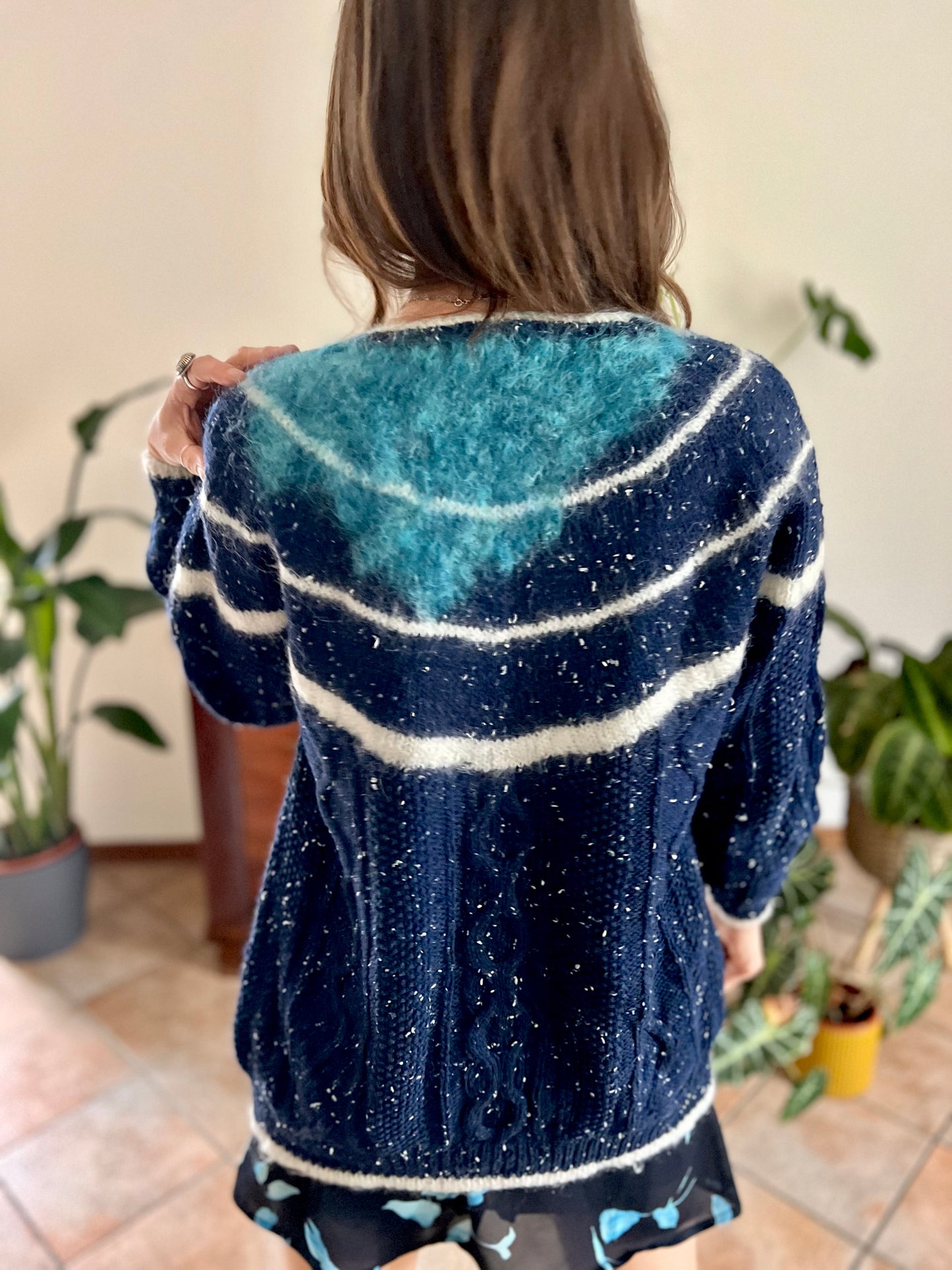 1970's vintage navy blue and cream speckled hand knit cardigan with turquoise asymmetric design