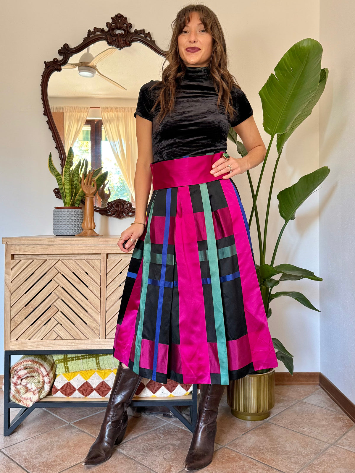 1970’s vintage black, fuchsia,green and blue plaid satin midi skirt