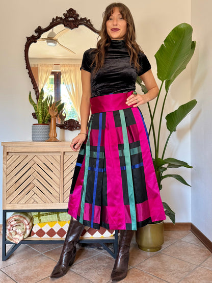 1970’s vintage black, fuchsia,green and blue plaid satin midi skirt