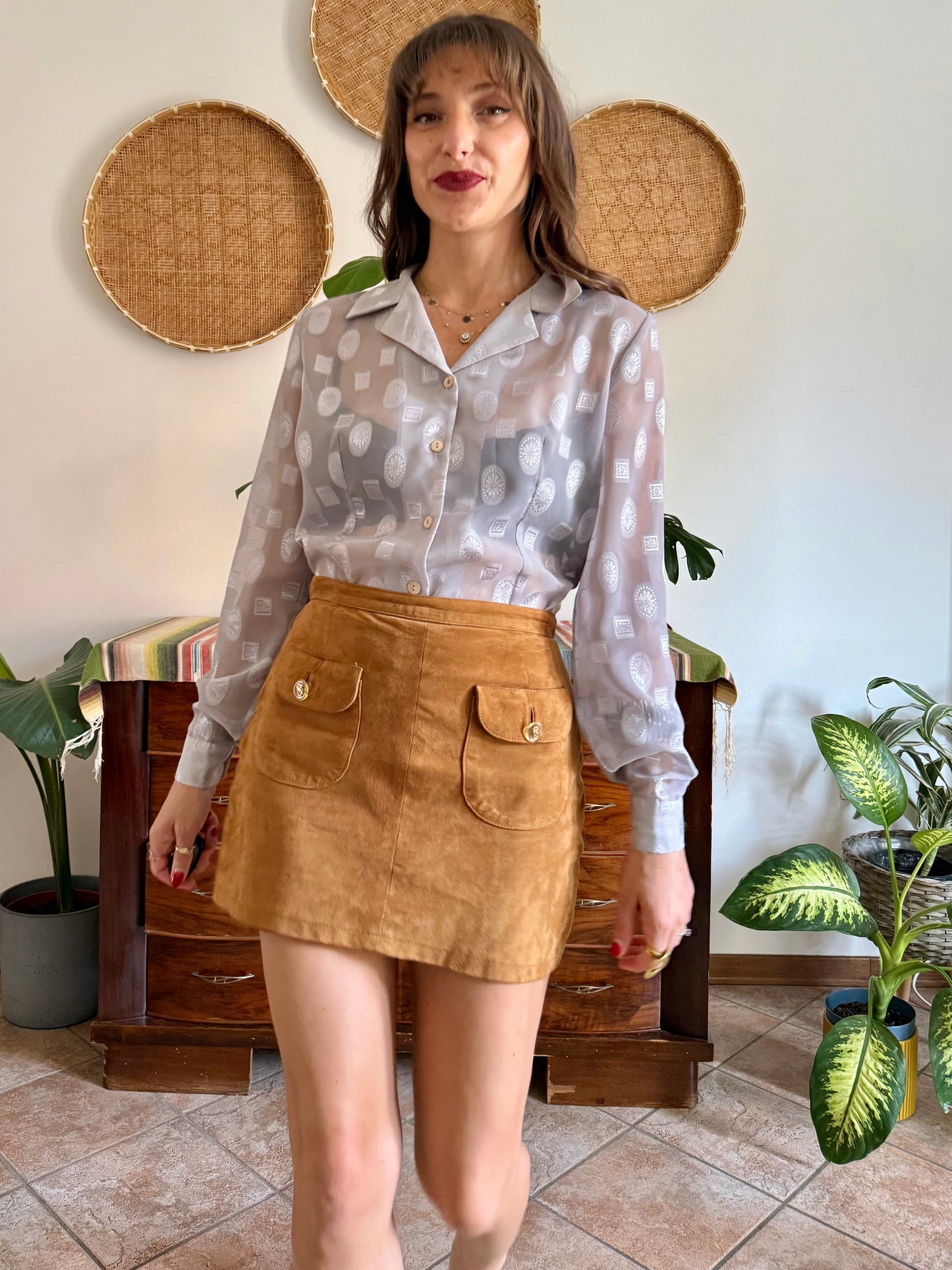 1970’s silver sheer textured weave floral blouse