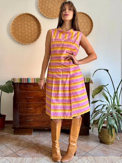 1960’s vintage pink and yellow striped geometric hand block printed midi dress