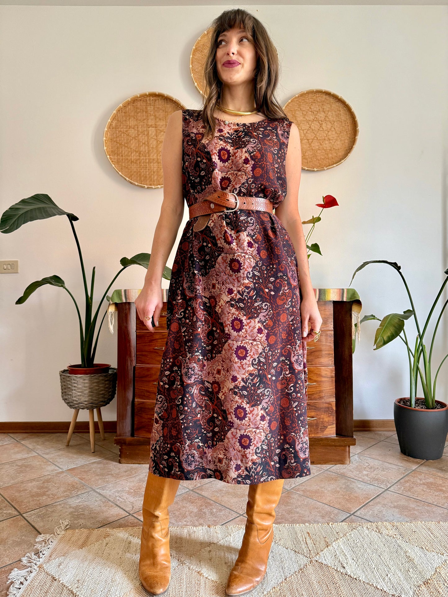 1990’s vintage burgundy, pink and orange floral paisley print maxi dress