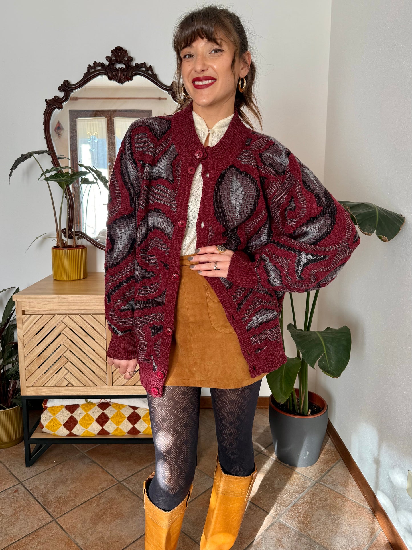 1970’s vintage burgundy, grey and black knit dress