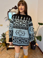 1970's vintage hand knit charcoal grey and light blue geometric pullover