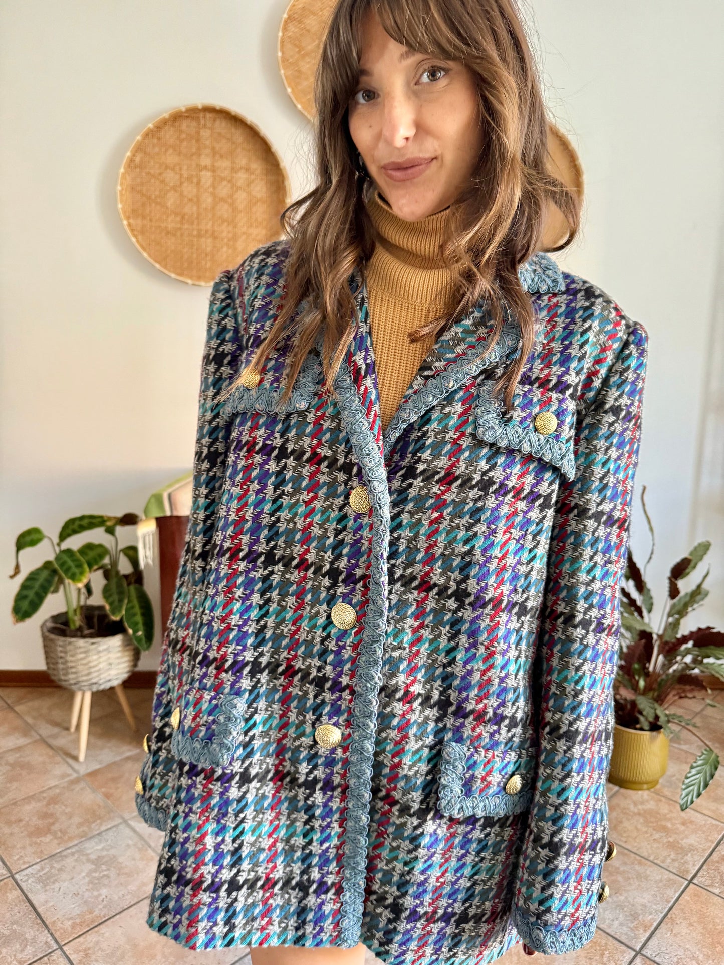 1970's vintage oversize wool blue, turquoise, and grey houndstooth plaid coat