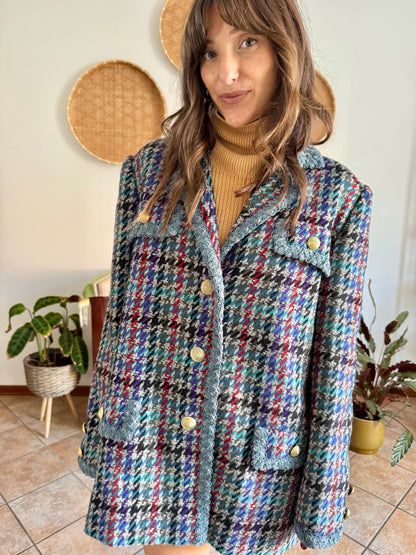 1970's vintage oversize wool blue, turquoise, and grey houndstooth plaid coat