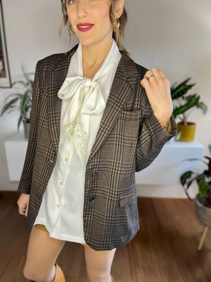 1970's vintage chocolate brown and blue cashmere blend plaid blazer