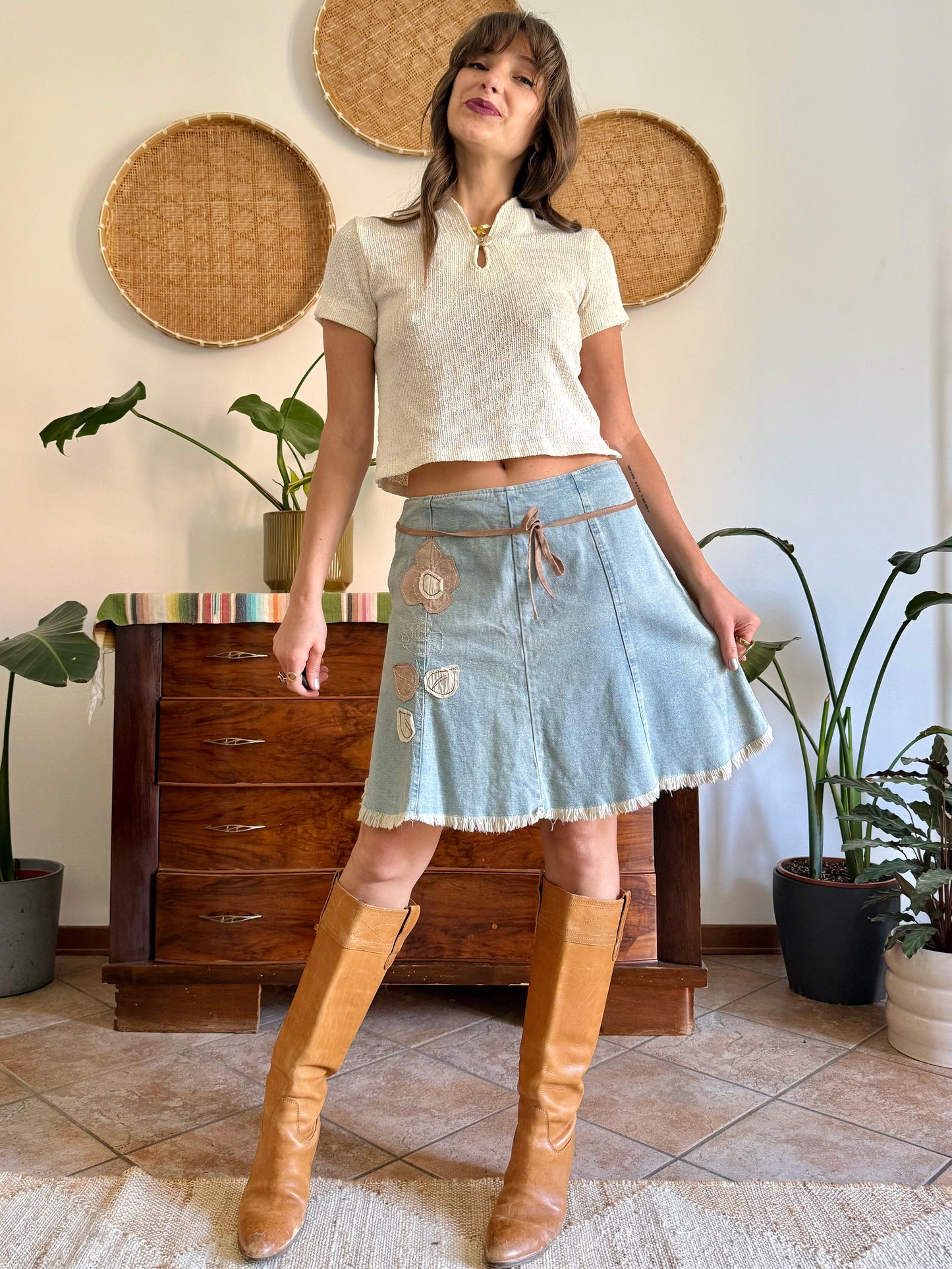 Y2K vintage denim skirt with beige floral patch detailing