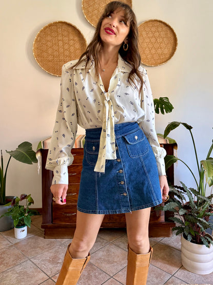 1970’s vintage cream with navy blue floral bow tie silk blouse
