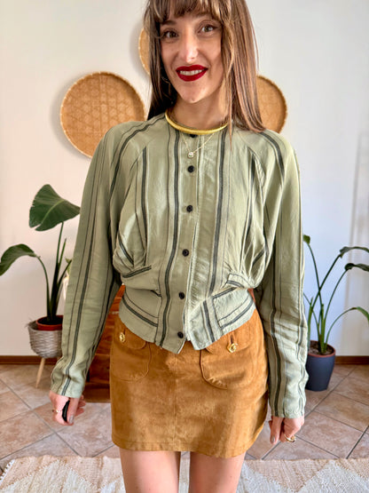 1970's vintage multi tonal vertical stripe green blouse