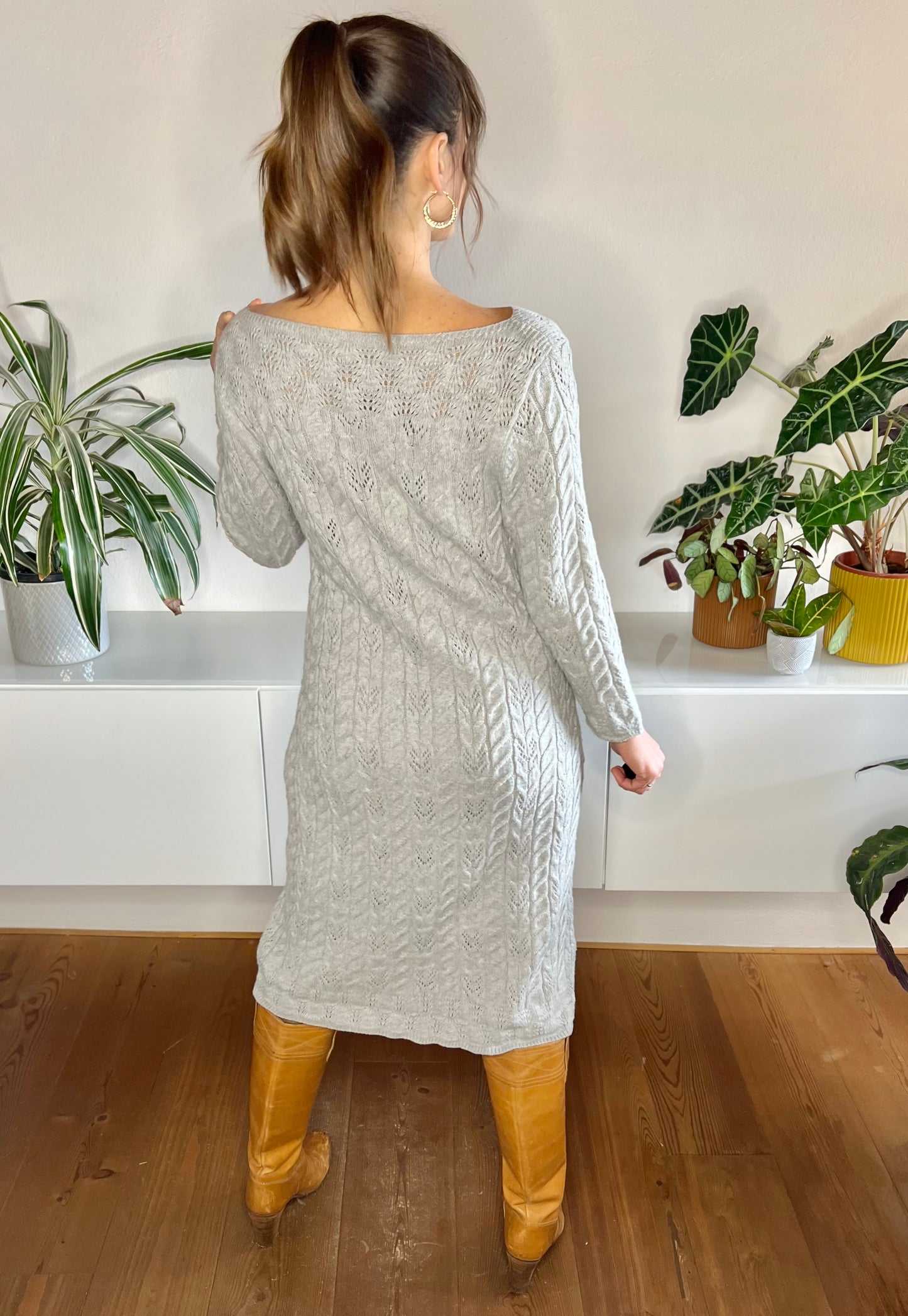 1990's vintage grey wool cable knit midi dress