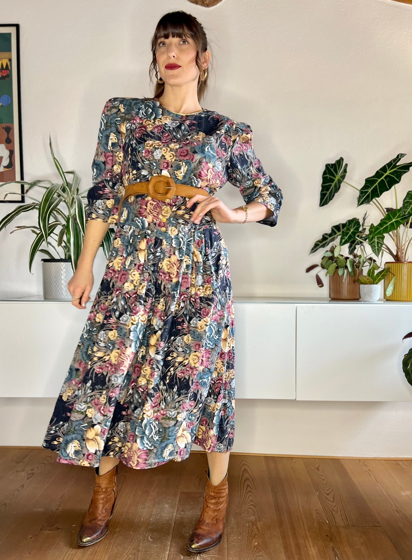 1970's vintage blue and rose coloured floral maxi dress