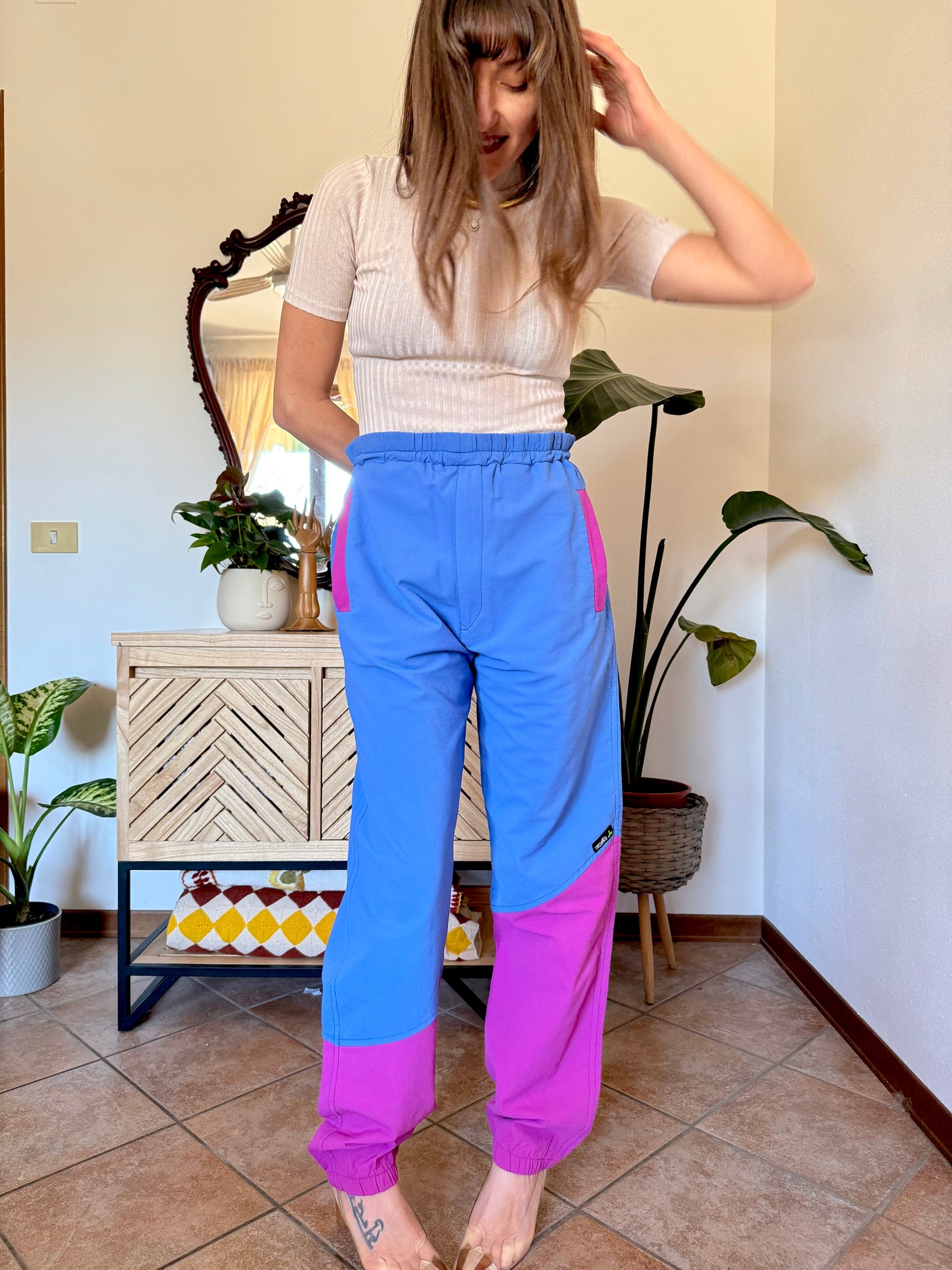 1990’s vintage blue and fuchsia wind breaker pants