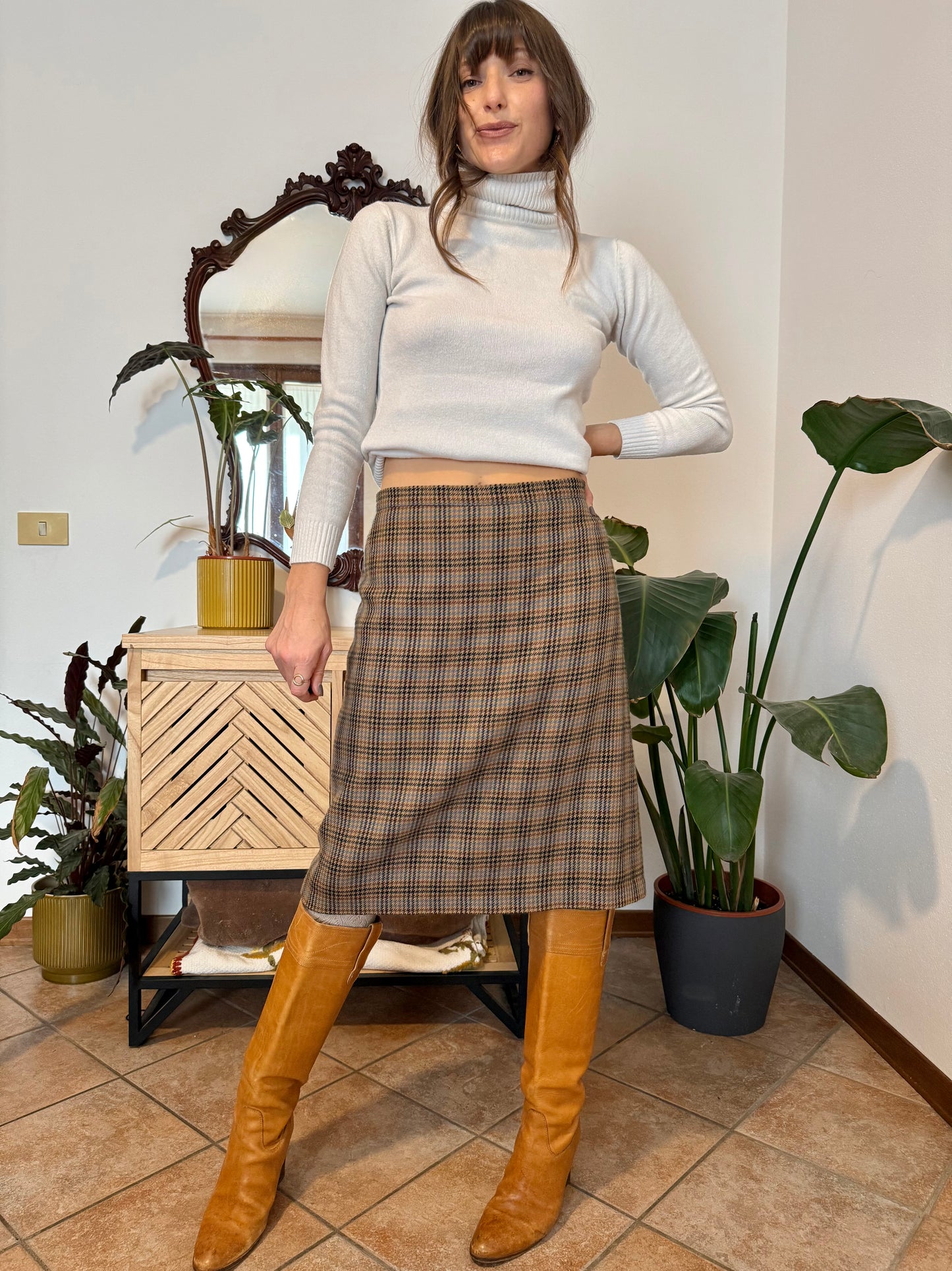 1970's vintage chocolate brown, green and blue plaid wool midi skirt