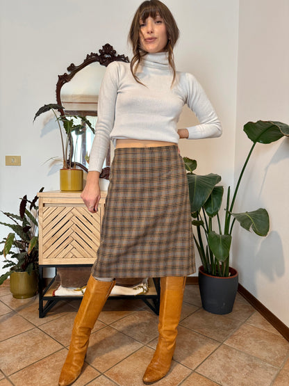 1970's vintage chocolate brown, green and blue plaid wool midi skirt