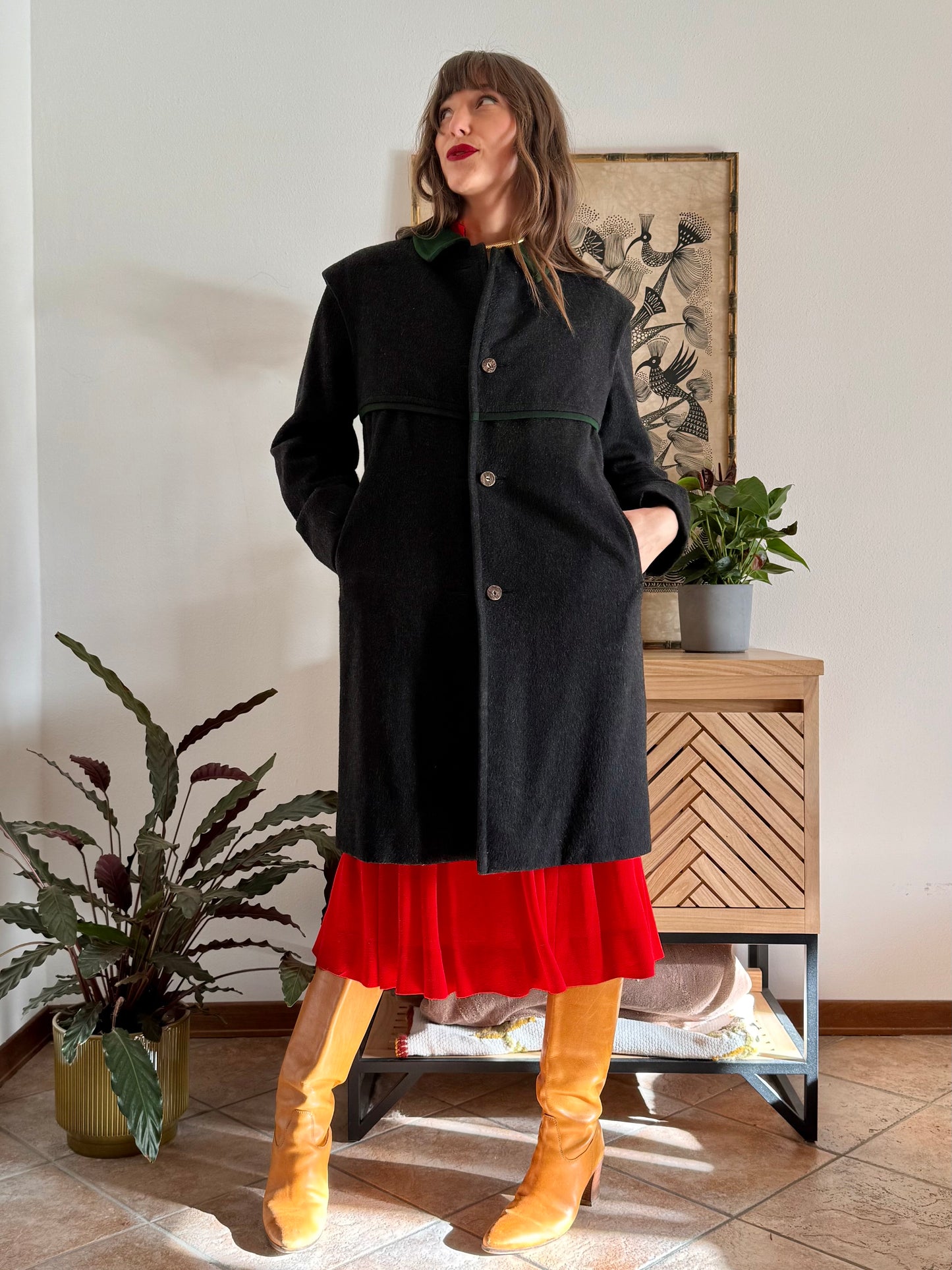 1950's vintage charcoal grey tyrol coat with green trimming and red and green plaid wool lining