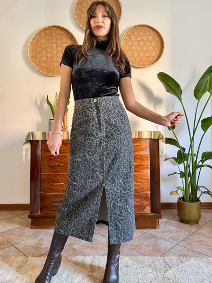 1970’s vintage dark grey animal print denim midi skirt